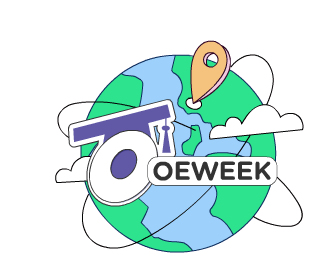 Animated paper airplane circling around cartoon globe wearing OEWeek logo.