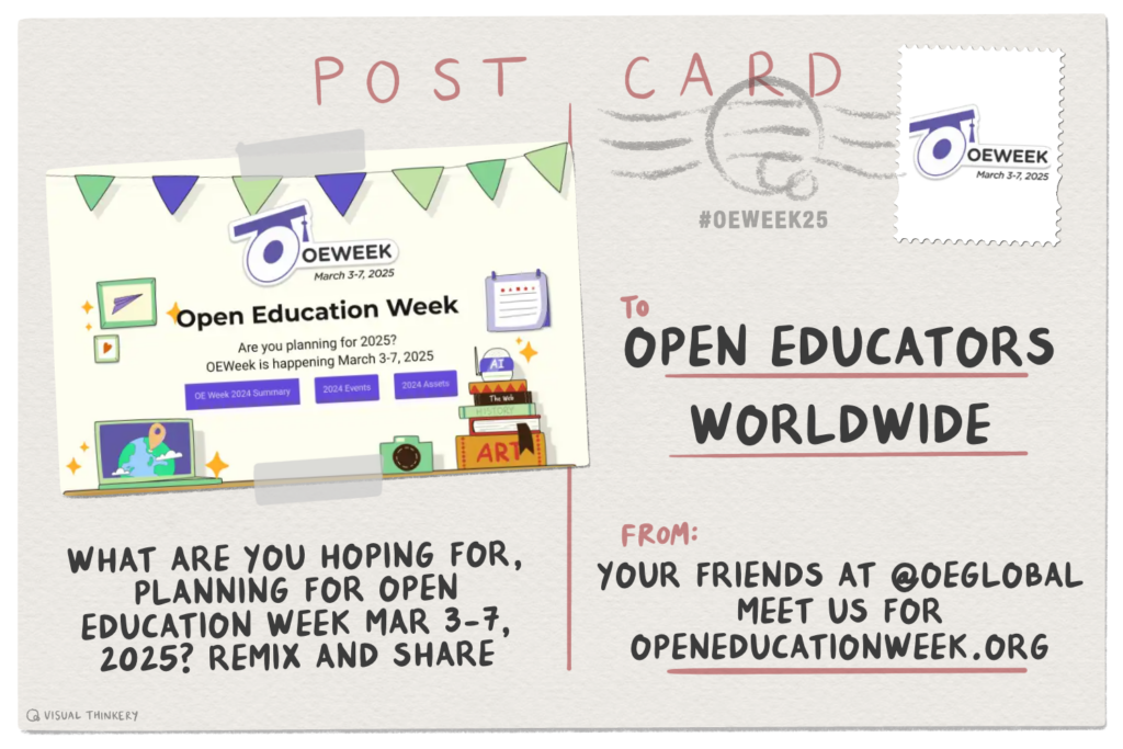 Digital postcard featuring the image for the Open Education web site with festive colored banners of celebration. Message reads What are you hoping for, planning for open education week mar 3-7, 2025? Remix and share. To: Open Educators Worldwide, From: Your friends at @oeglobal meet us for openeducationweek.org