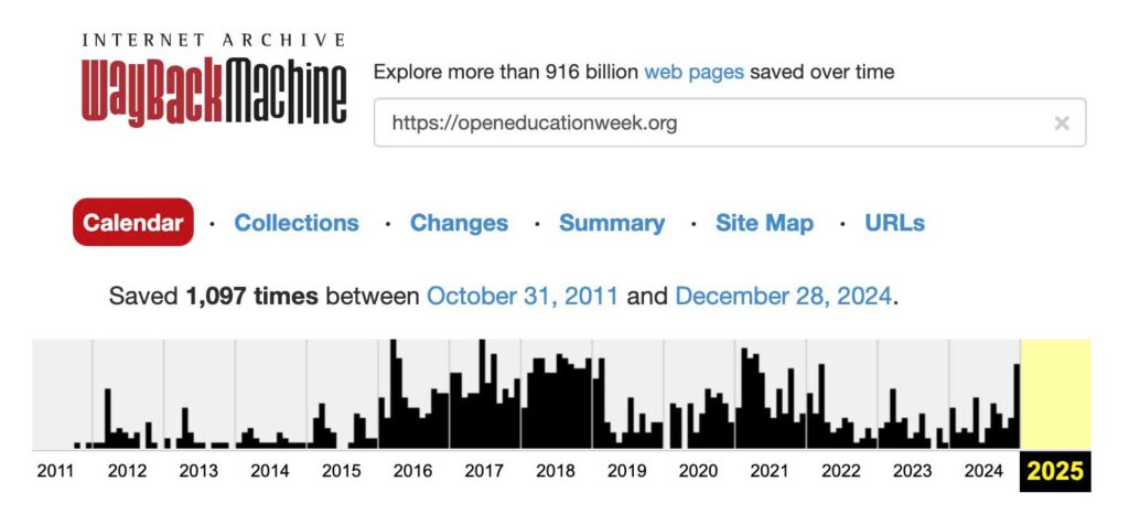 Internet Archive Wayback machne showing 1097 captures of the Open Education Week site since 2011