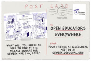 Digital postscard sent to open educator everywhere. On left is cartoon imagery of people in a public square sharing ideas and resources. Message reads--What will you share or seek to find at the village square for OEWEEK MAR 2-6, 2026?