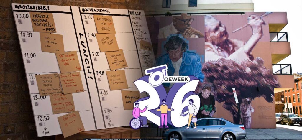 Photo collage of on the left a hand written unconference style calendar with sticky notes on agrid, on the right an urban mural representing people doing activities,