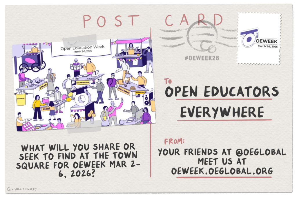Cartoon style postcard with image of open market and message What you share or seek to find at the town square for OEWeek mar 2- 6, 2026?