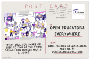 Cartoon style postcard with image of open market and message What you share or seek to find at the town square for OEWeek mar 2- 6, 2026?