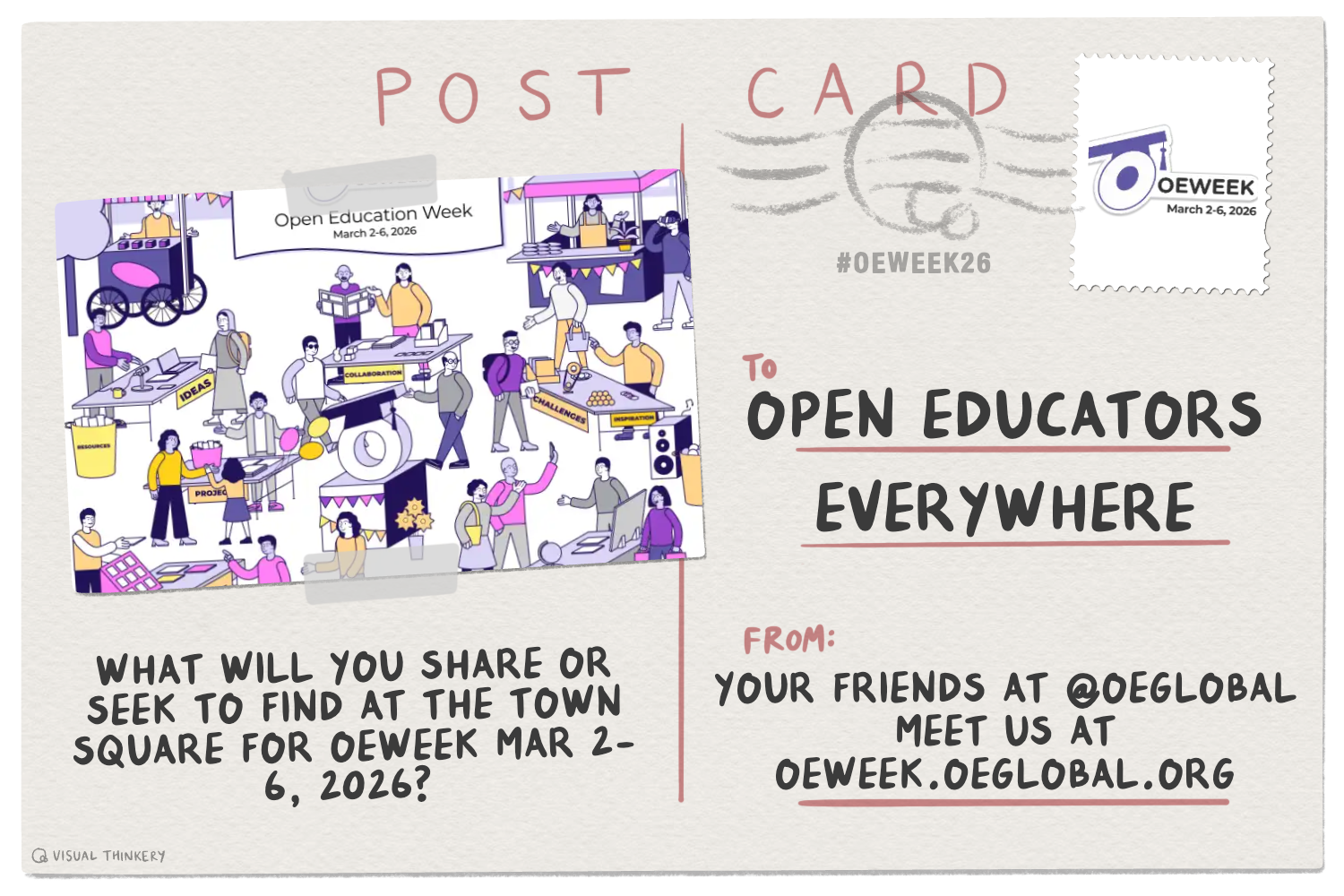 Cartoon style postcard with image of open market and message What you share or seek to find at the town square for OEWeek mar 2- 6, 2026?