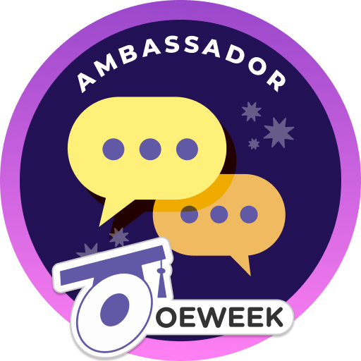 Round badge featuring two talk bubbles and thew word Ambassador at the top and the OEWeek logo at the bottom.