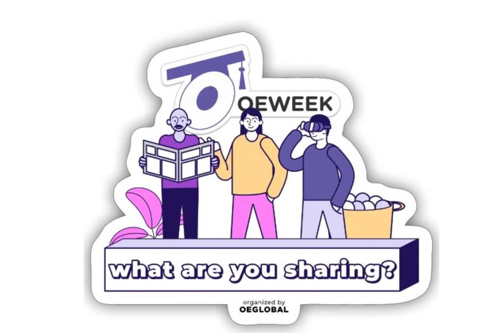 Sticker made of 3 cartoon people, one looking at map, another with a headset, above text reading What are you sharing. At the top is the OEWeek logo.