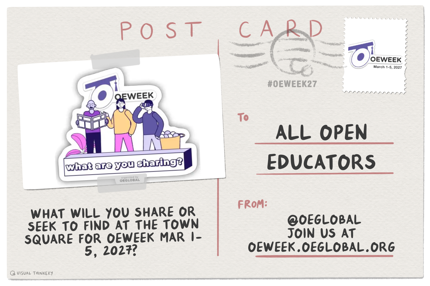 A digital post card sent to Open Educators Everywhere with am image of the Open Education Week graphic logo and a message of "SHOW US SOMETHING "OPEN" FROM WHERE YOU WILL BE FOR OPEN EDUCATION WEEK MAR 4-8, 2024"